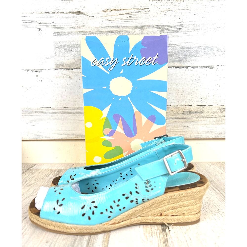 Easy Street Womens 10 Turquoise Blue Faux Patent Espadrilles Buckle NWT